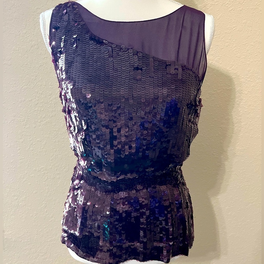 Alice + Olivia Sequin Peplum Silk Illusion Top - Picture 2 of 7